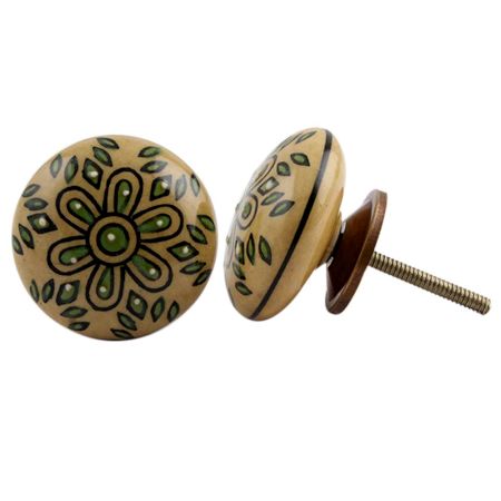 Beige Green Floral Ceramic Knob